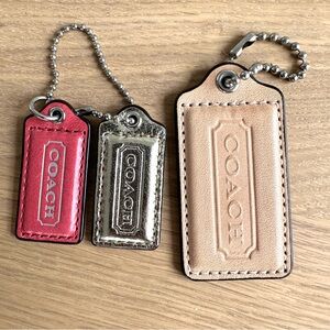 3 Piece Lot COACH Pink/Red (2") Gold (2") Tan (3") Leather Hang Tag Charm